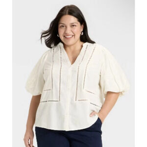 3X New Women's Balloon Elbow Sleeve V-Neck Button-Down Shirt - Ava & Viv Cream